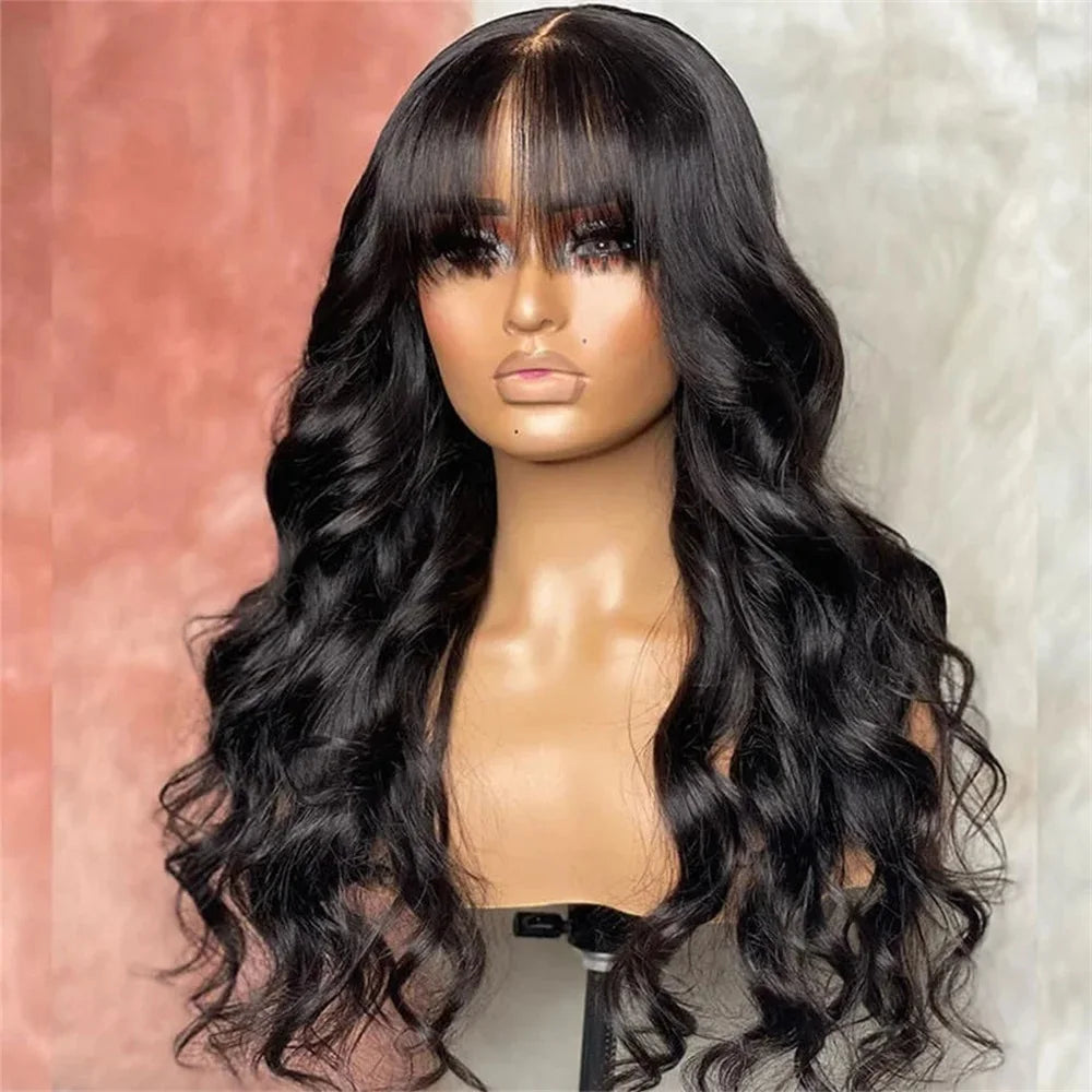 Body Wave Human Hair Wig with Bangs Middle Part 3x1 Lace Frontal Wig with Bangs Brazilian Human Hair Body Wave 34 Inch for Women