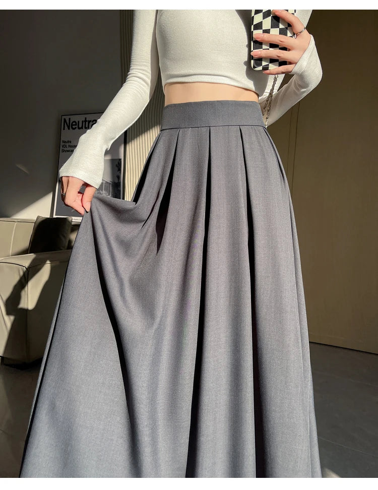 Beiyingni Women Long Suit Maxi Pleated Black Skirts Korean Fashion 2024 Autumn High Waist Slim A-line Skirt Ladies Gray Faldas