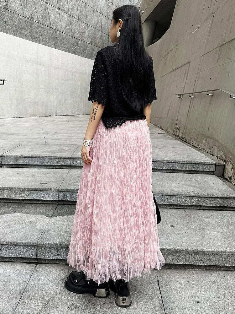 [EAM] High Elastic Waist Black Pleated Mesh Casual A-line Half-body Skirt Women Fashion Tide New Spring Autumn 2026  1DH5148