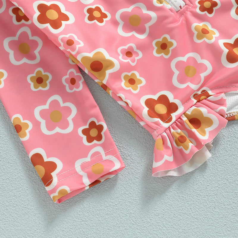 Lioraitiin Summer Kids Baby Girl Swimsuits Floral Long Sleeve Zipper Ruffles Jumpsuit Swimwear Beachwear Bathing Suits