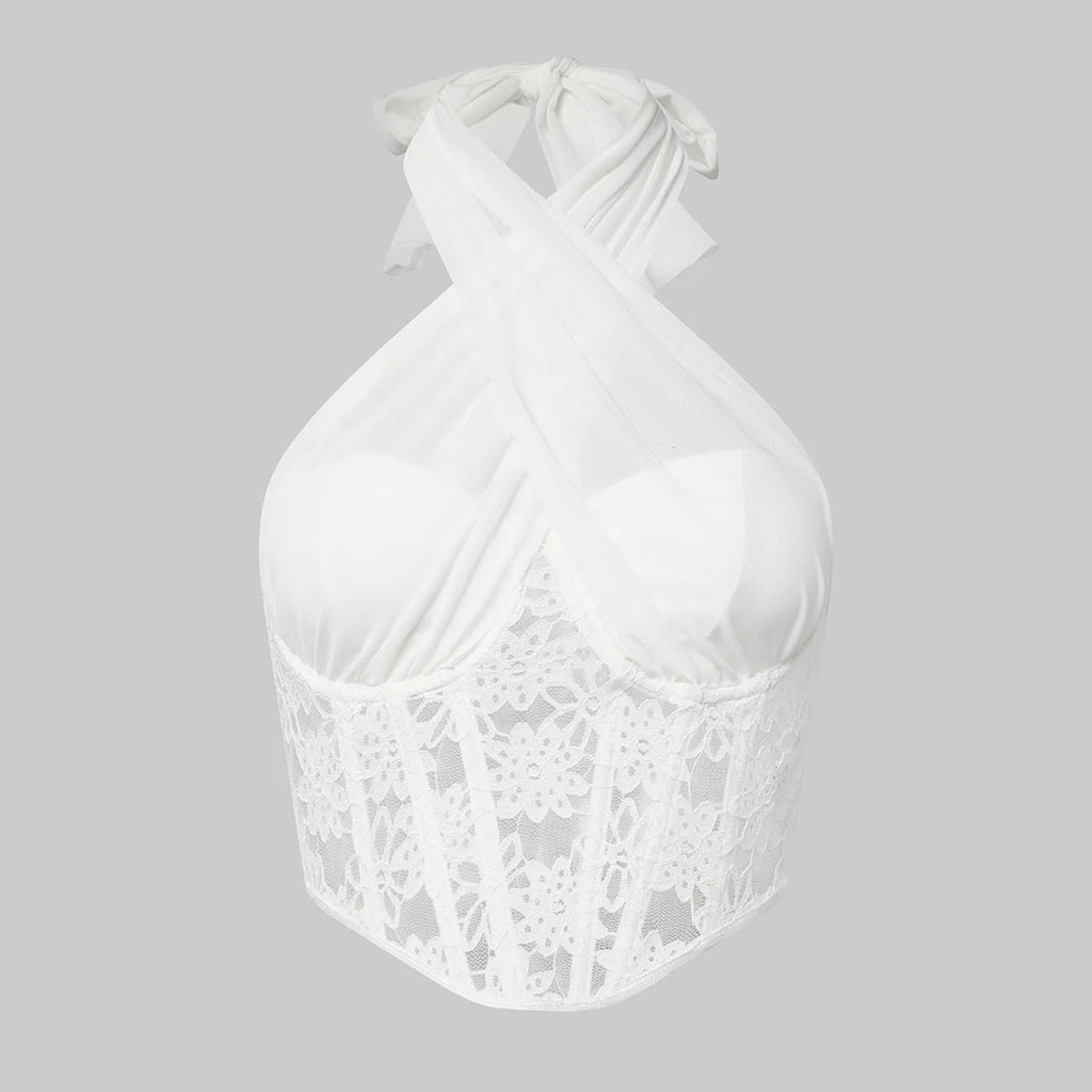 Elegant Lace Mesh Cross Halter Tank Top with Diamond Fishbone Small Vest for Women Tube Top with Lace Mesh Cross Halter Crop Top