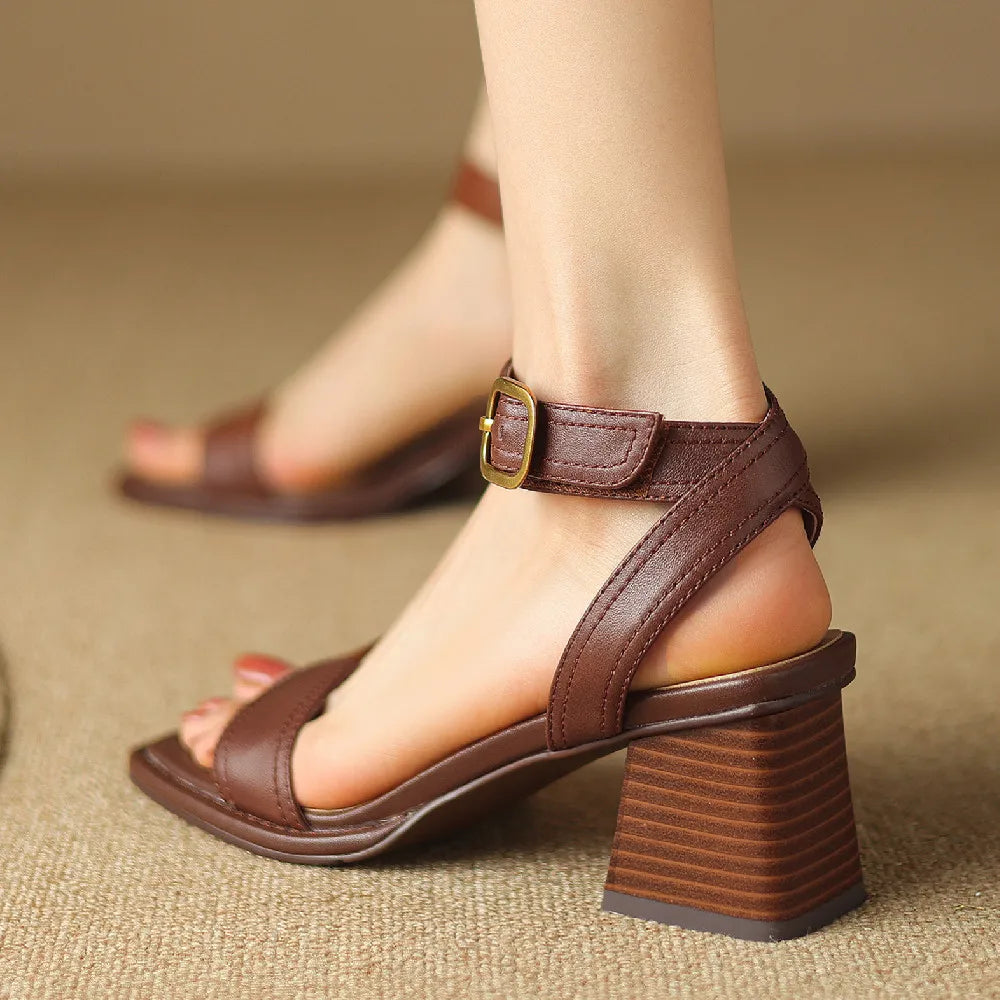 Women's genuine leather sandals narrow band ankle strap 6cm thick med heel open toe summer pumps heels casual shoes for women 42