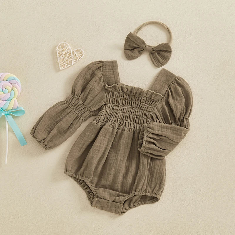 2024-10-29 Lioraitiin Baby Girls Spring Romper Long Sleeve Square Neck Solid Color Romper with Headband