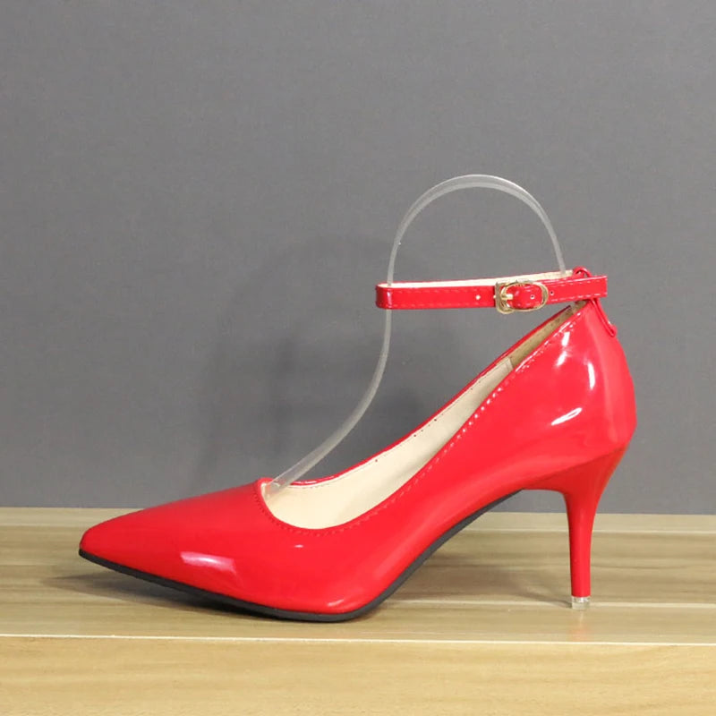 One Word Buckle High Heels 2025 Spring New Patent Leather Stiletto Heel Work Pumps Large Pointed Shallow Mouth Women's Shoes