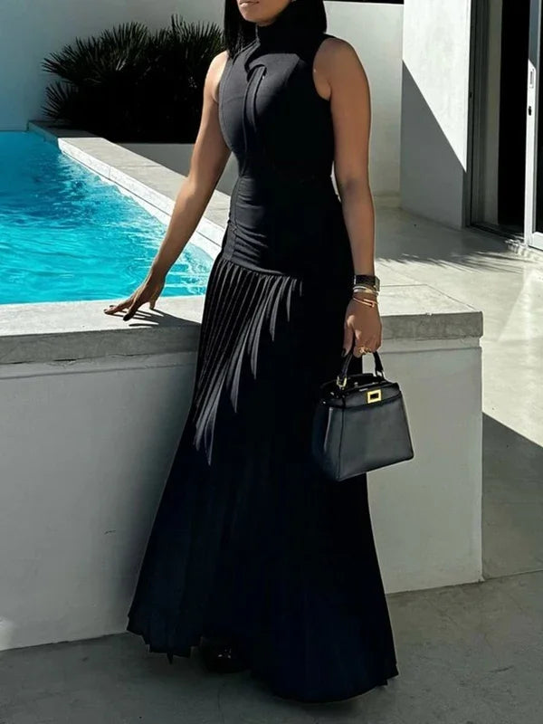 Missuoo Summer Women's Party Dress Solid Black Skinny High Neck Sleeveless Pleated Maxi Dress Female Elegant Big Swing Dresses