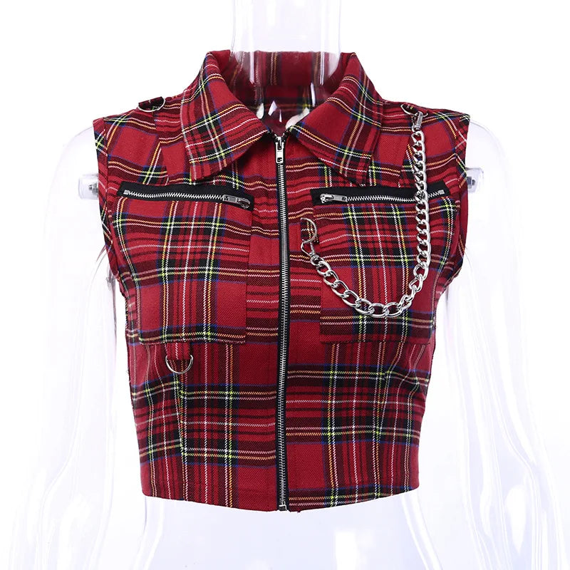 Women Pink Sexy Punk Gothic Zipper Sleeveless Suit Sweet Personality Chain Sleeveless Short T-shirt Streetwear Plaid Skirts