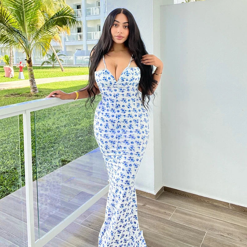 Dulzura Women Floral Print  Sleeveless Bodycon Maxi Dress Outfits Birthday Party Club Clothes