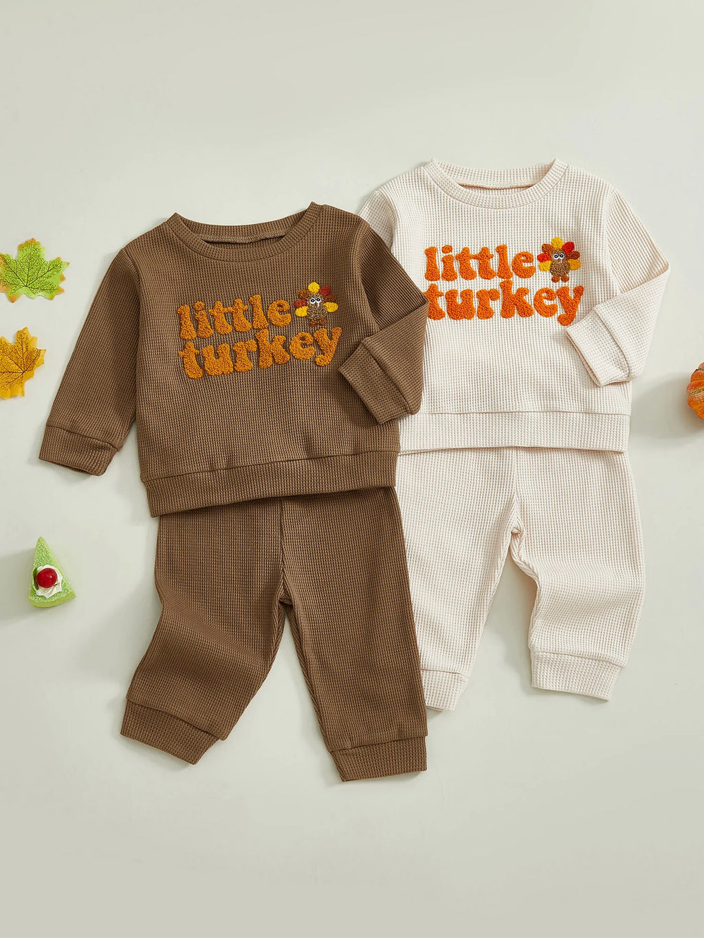 Toddler Baby Boys Thanksgiving Outfit Turkey Letter Embroidery Long Sleeve Pullover Elastic Waist Solid Pants 2Pcs Waffled Set
