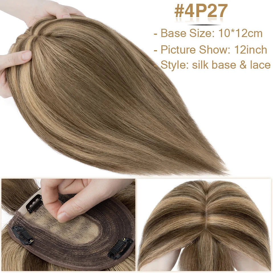 S-noilite Natural Hair Topper Wig for Women 10x12cm with Silk Base 3.5x9cm Human Hair Piece with Bangs Hair Clip Included