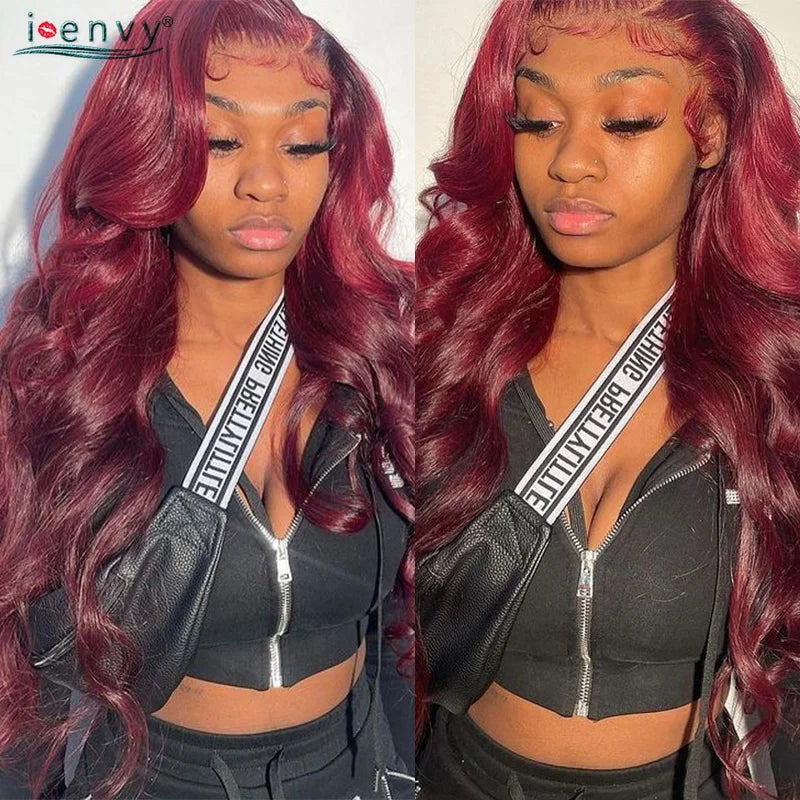 13X4 HD Transparent Lace Front Wigs Burgundy Red Human Hair Wigs PrePlucked 13X6 32Inch Body Wave Lace Front Wig For Women Curly