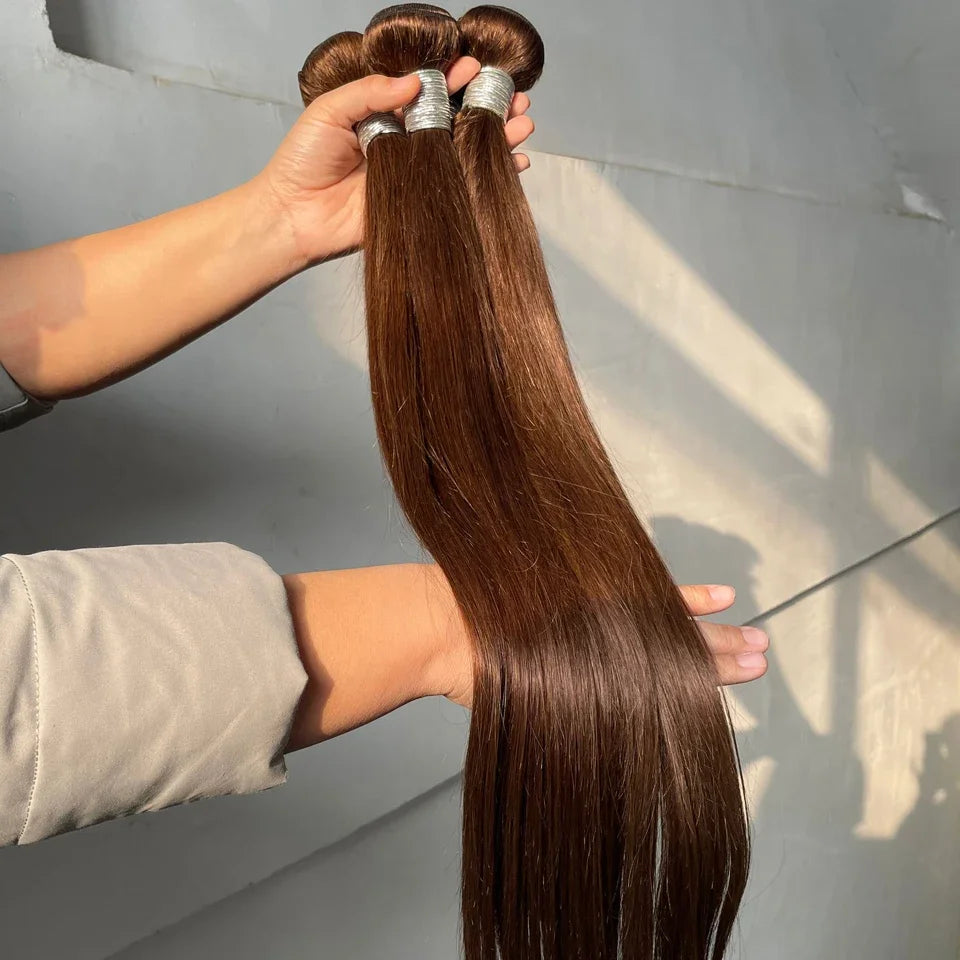 Straight #4 Chocolate Brown Raw Virgin Human Hair Weave Bundles 1/3/4Pcs Indian Bone Straight Extension For Women Sale Clearance
