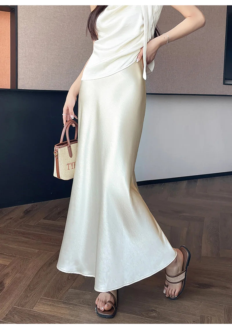 Zoki Chic Satin Elegant Long Skirt Women Casual Fashion High Waist Sweet Trumpet Skirts Slim Summer Female Korean Long Skirts