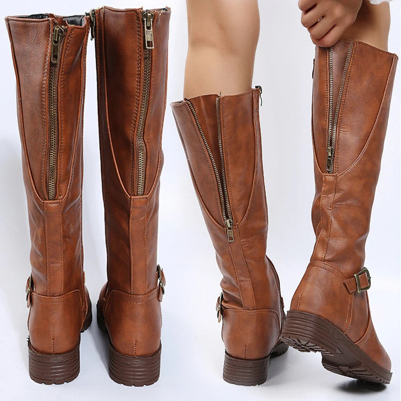 Vintage Brown Women Knee High Boots Big Size Low Heels Platform Long Boots Autumn Winter Pu Leather  Women Warm Booties