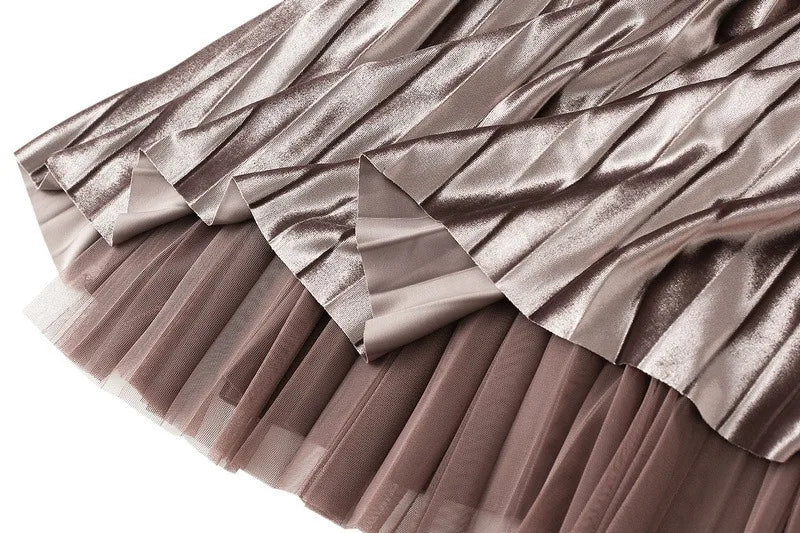 Luxury Velvet Pleated Skirts For Women 2024 Summer Fashion Women's High Waist Mesh Midi Skirt Female Elegant  Solid A-Line Skirt