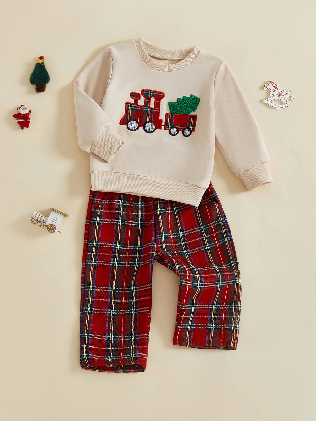 Lioraitiin Toddler Baby Boy Christmas Outfits Long Sleeve Train Embroidery Sweatshirt + Plaid Pants Set Winter Clothes