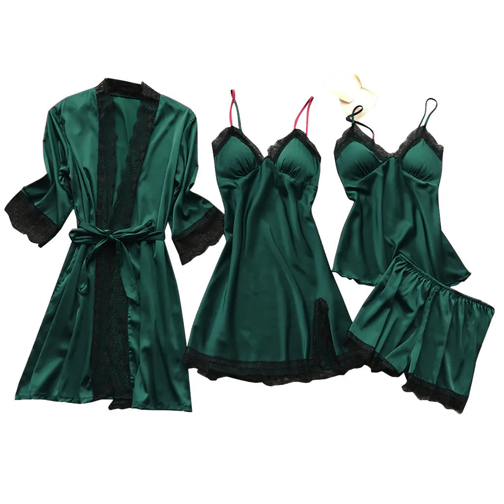 Sexy Fishnet Lingerie Hot Women Silk Dress Robe Sleepwear Pajamas Set Lace Nightdress Lingerie Sexy Lingerie Dress with Garter