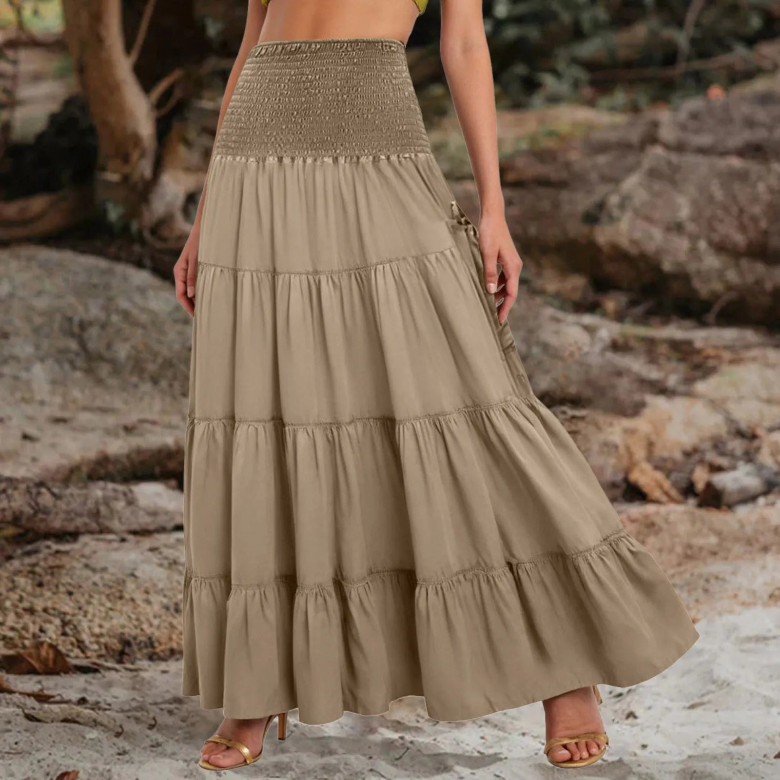 Boho Fairy Skirts Women Tiered Convertible Bustier Dress with Pockets Vintage Hippie Gypsy A-Line Maxi Skirt Versatile Sarong