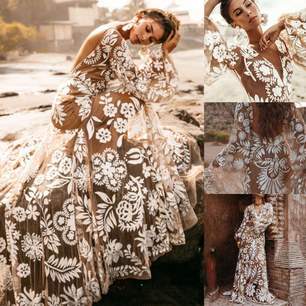 Fashion Floral Print Flared Sleeves Evening Dress Boho Women Holiday V-Neck Backless Sundress High Waist Wedding Guest Ball Gown