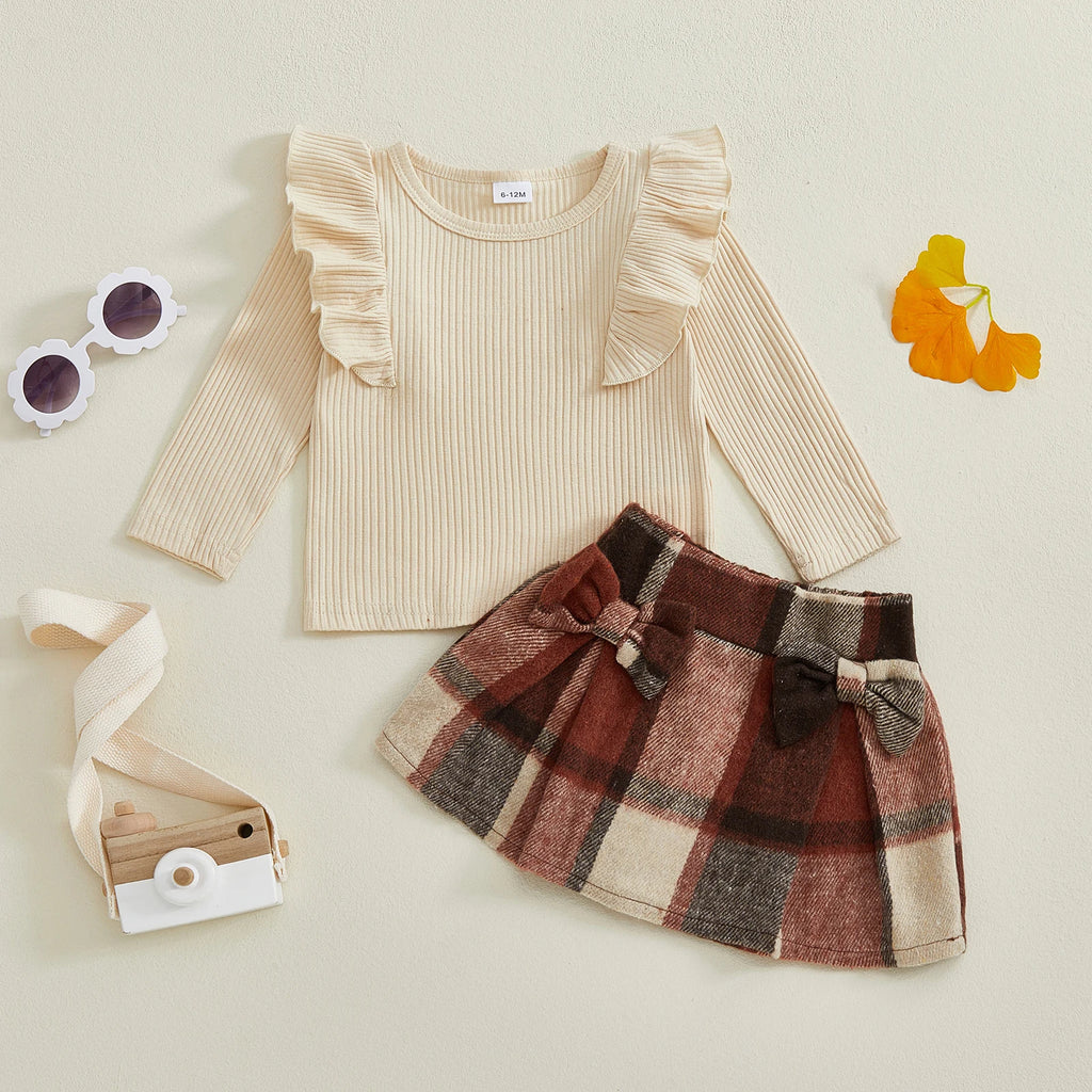 Lioraitiin Toddler Girls Autumn 2PCS Skirt Outfits Flying Sleeve Solid Color Tops A-line Plaid Skirt Set