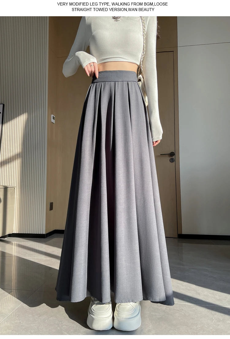 Beiyingni Women Long Suit Maxi Pleated Black Skirts Korean Fashion 2024 Autumn High Waist Slim A-line Skirt Ladies Gray Faldas