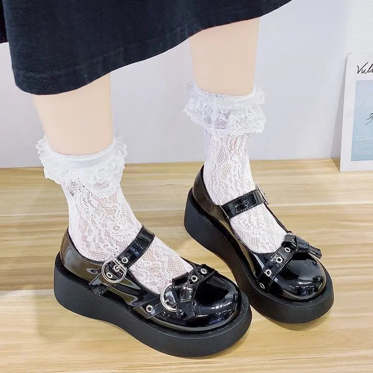Women heels Lolita shoes platform mary jane Shoes Star Buckle Strap Mary Janes Women Cross-tied Girls Rivet Casual Shoes kawaii