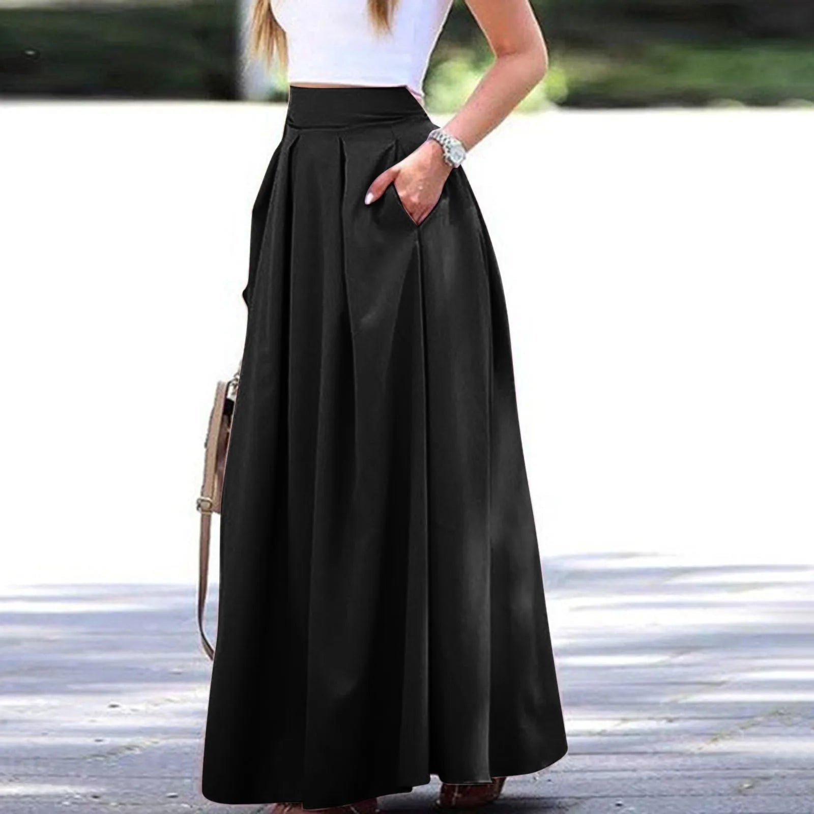Vintage Low Rise Straight Skirts Women's Large Swing Solid Color High Waist Pleated Half Skirt With Pocket Summer Vacation Wear