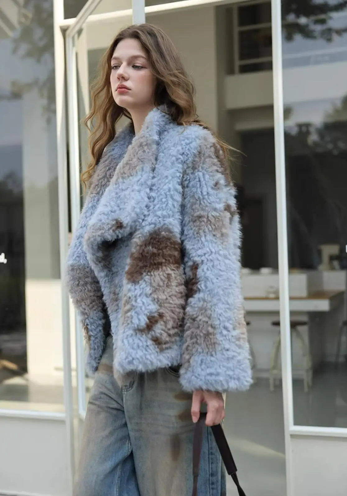 HIGH QUALITY Winter Large Lapel Curly Lamb Fur Coat Long sleeve Warm Shaggy Tie dye Gradient Faux Fur Jacket Loose Outerwear