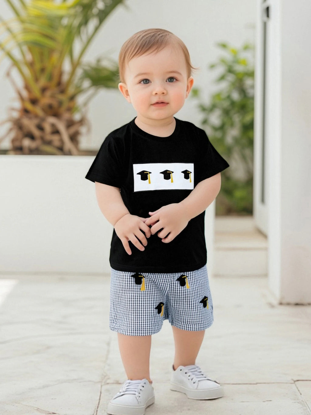 Cute 2 Piece Summer Outfits with Graduation Cap Embroidery Short Sleeve T-Shirt and Plaid Shorts Set for Baby Girl or Boy