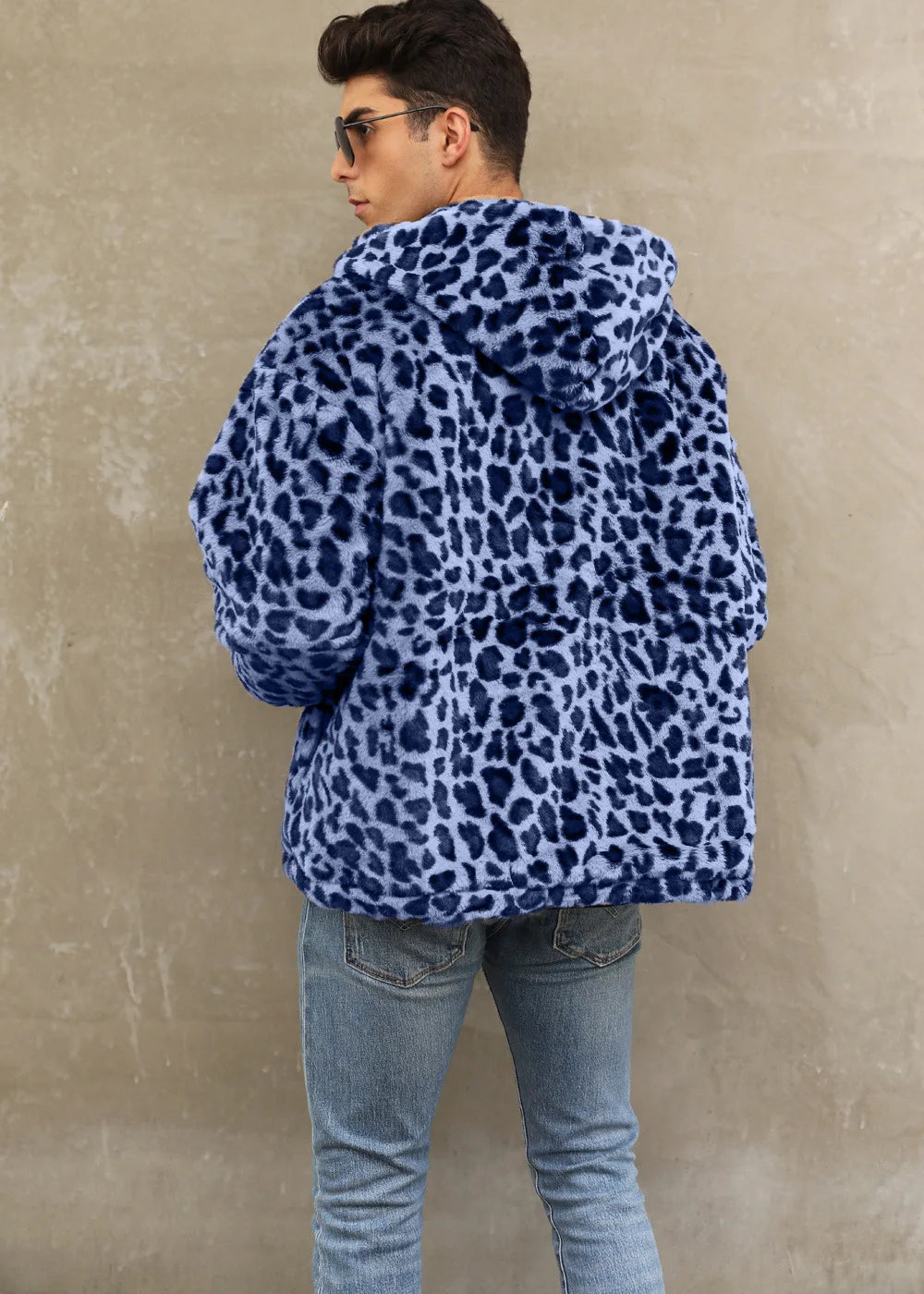 Autumn and Winter Warm Plush Leopard Print Jacket Imitation Fur Zipper Hooded Jacket for Men