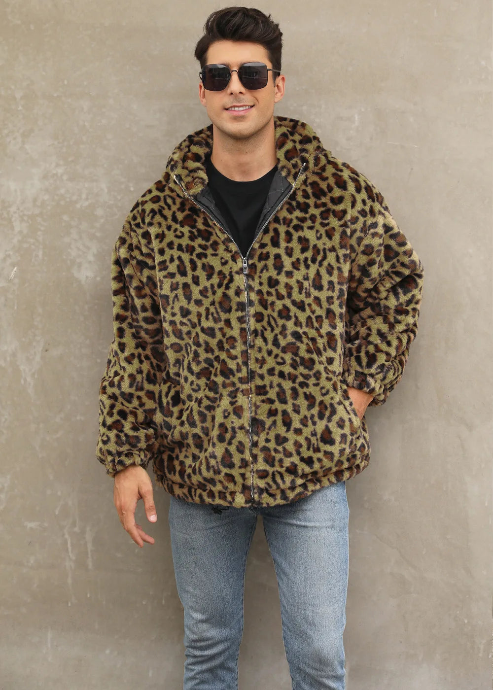 Autumn and Winter Warm Plush Leopard Print Jacket Imitation Fur Zipper Hooded Jacket for Men