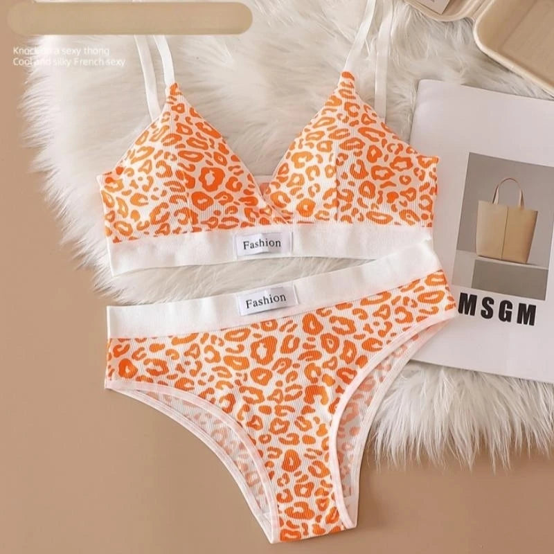 Women V-neck Bra And Panties Set Low Waist Panties Female Sexy Lingerie Set Leopard Print Cotton Bra Sport Underwear Set