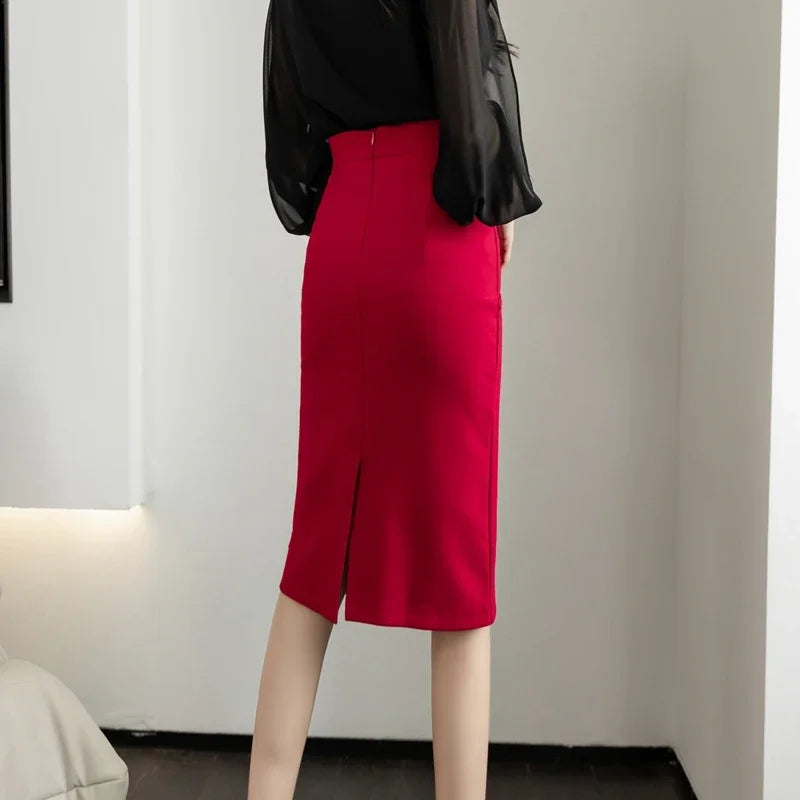 Fahsion Summer Office Black Skirts Women 2024 Elegant High Waist Gray Red Bodycon Skirt Sexy High Waist Midi Mujer Faldas S-2XL