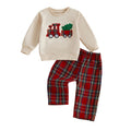 Lioraitiin Toddler Baby Boy Christmas Outfits Long Sleeve Train Embroidery Sweatshirt + Plaid Pants Set Winter Clothes
