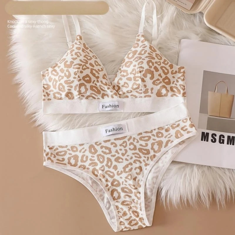 Women V-neck Bra And Panties Set Low Waist Panties Female Sexy Lingerie Set Leopard Print Cotton Bra Sport Underwear Set
