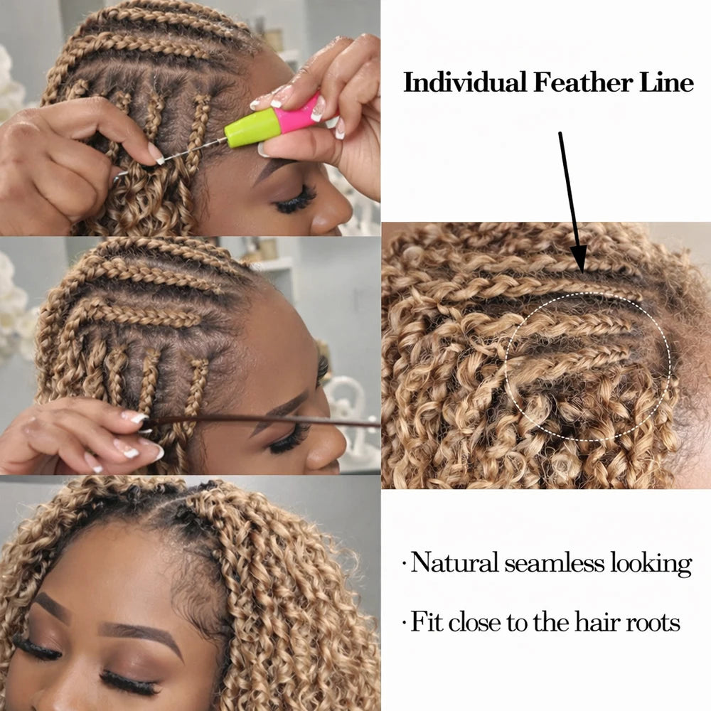 Honey Blonde Kinky Curly Feather Crochet Human Hair Extensions Knotless Pre-Separated Boho Braids Burmese Curly Invisible Knots
