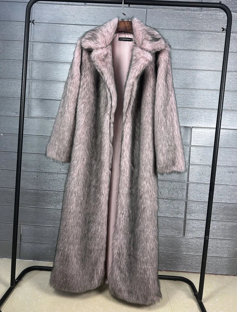 DEAT 2025 winter new fashion high quality Fox Faux Fur long Coat for Women Suit Collar solid color thick warm jacket 11A06914