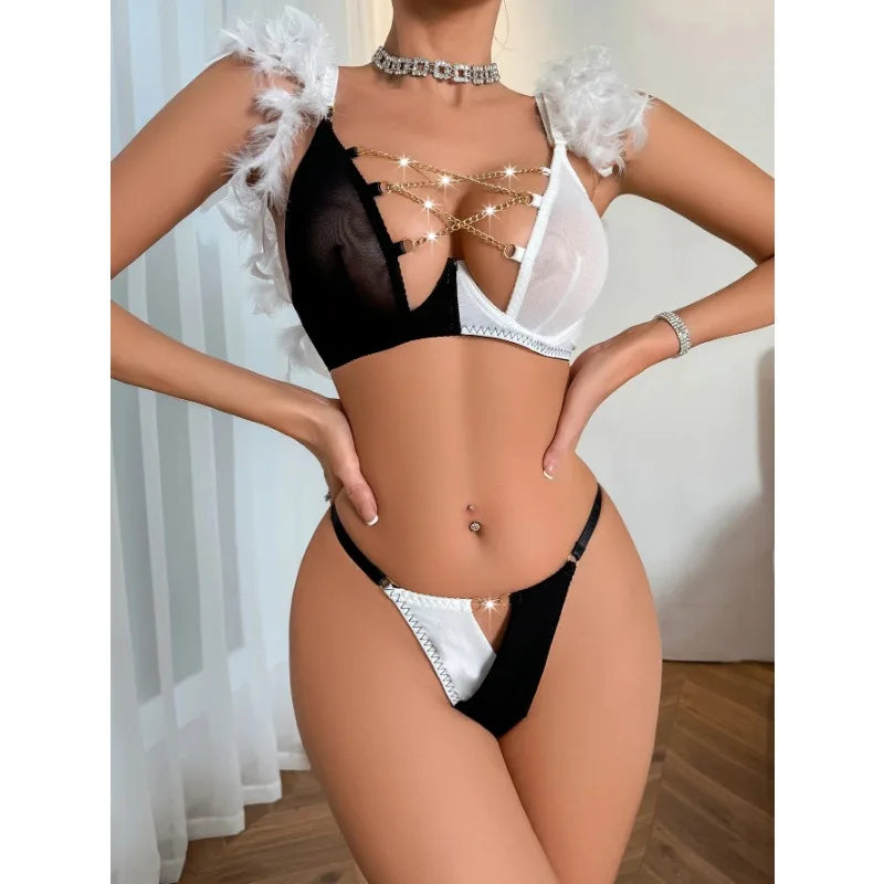 Toucheart Erotic Feather Lingerie Contrast Color Half Cup Bra Lace Up Chain Attractive Chest Bilizna Set Seductive Underwear New
