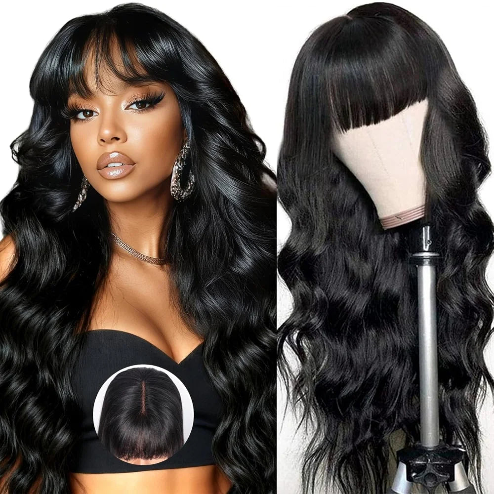 Body Wave Human Hair Wig with Bangs Middle Part 3x1 Lace Frontal Wig with Bangs Brazilian Human Hair Body Wave 34 Inch for Women