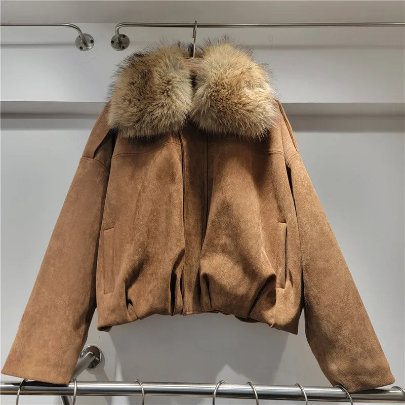 DEAT Women's Suede Coat Detachable Fur Collar Thick Plush Warm Female Short Style Jackets 2026 Winter New Fashion 29A3803