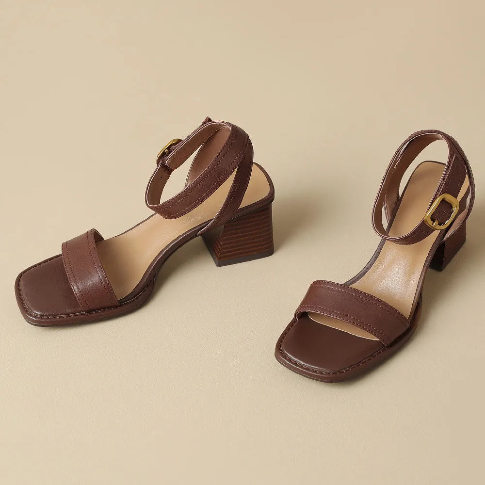 Women's genuine leather sandals narrow band ankle strap 6cm thick med heel open toe summer pumps heels casual shoes for women 42