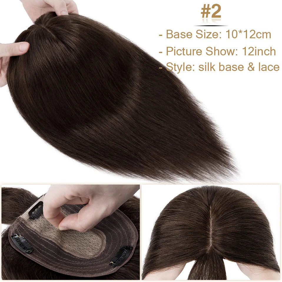 S-noilite Natural Hair Topper Wig for Women 10x12cm with Silk Base 3.5x9cm Human Hair Piece with Bangs Hair Clip Included