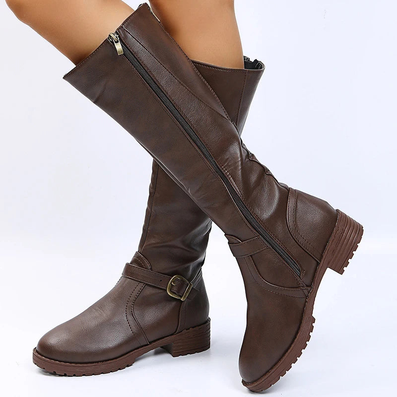 Vintage Brown Women Knee High Boots Big Size Low Heels Platform Long Boots Autumn Winter Pu Leather  Women Warm Booties