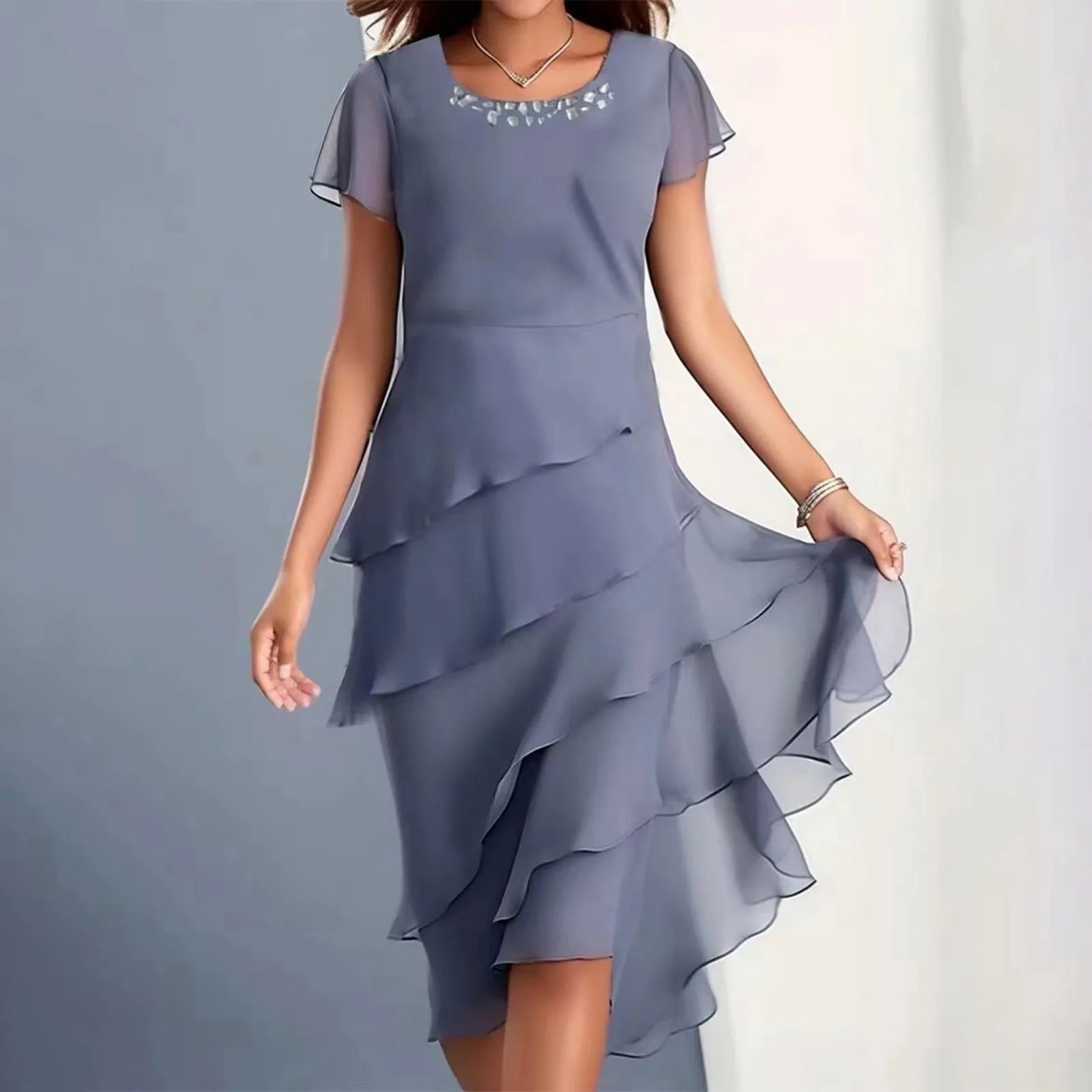 sexy chiffon puff short sleeve u neck midi dress elegant tierred layered slim fit summer dress stylish cocktail party dress
