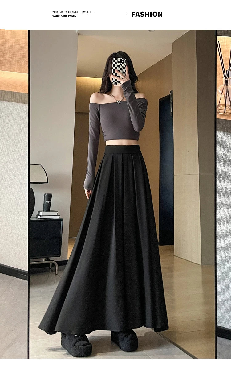 Beiyingni Women Long Suit Maxi Pleated Black Skirts Korean Fashion 2024 Autumn High Waist Slim A-line Skirt Ladies Gray Faldas