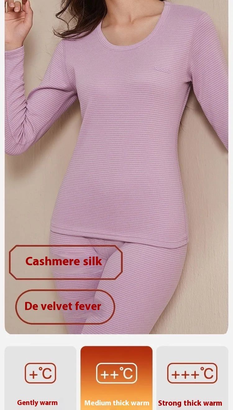 New Autumn/Winter Cashmere and Silk Round-Neck Thermal Set Striped Thermal Underwear for Men and Women Base Layer Undergarments