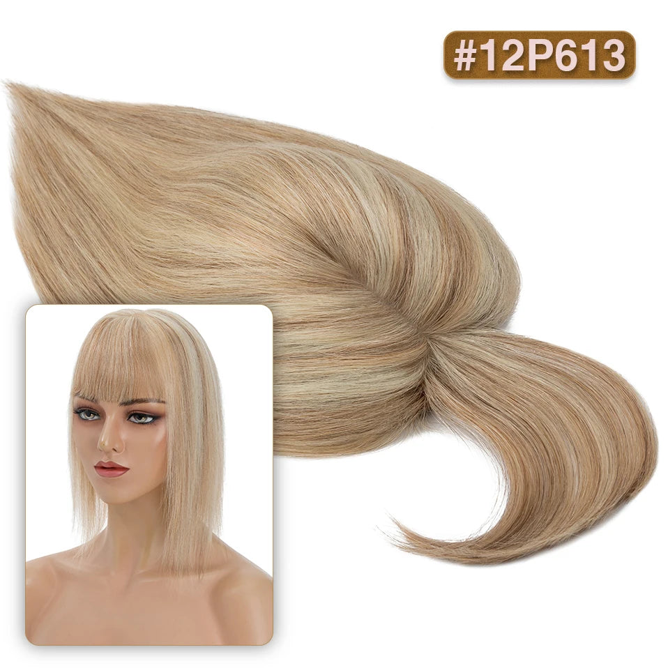 S-noilite Natural Hair Topper Wig for Women 10x12cm with Silk Base 3.5x9cm Human Hair Piece with Bangs Hair Clip Included