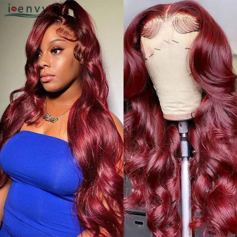 13X4 HD Transparent Lace Front Wigs Burgundy Red Human Hair Wigs PrePlucked 13X6 32Inch Body Wave Lace Front Wig For Women Curly