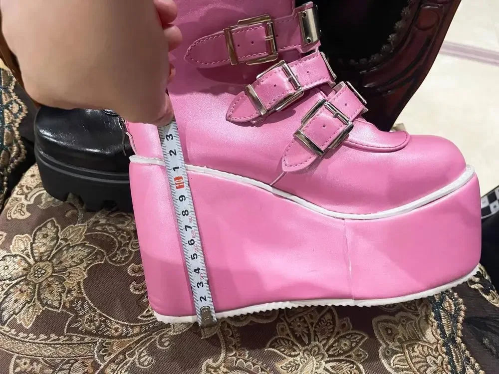 Women Boots Cosplay Ladies High Heel Platform Wedges Women High Boots Gothic Buckle Strap Long Tube Leather Female Boots Plus Si
