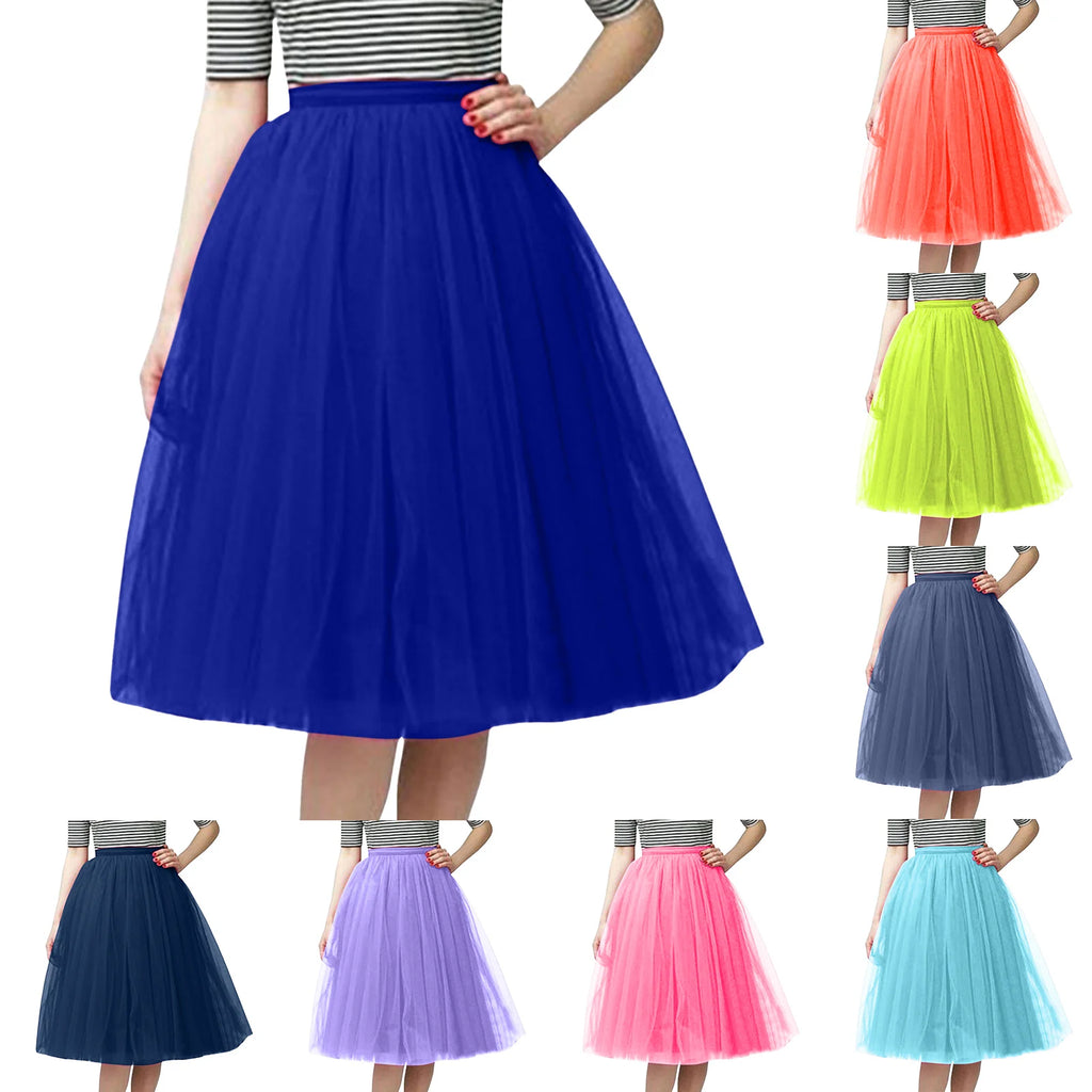 Womens Tiered Tutu A-Line Midi Skirts Elegant Puffy Underskirt Dance Party High Waist Tulle Skirt Lolita Petticoat Faldas Mujer