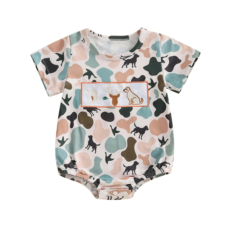 Lioraitiin Newborn Baby Boys Summer Jumpsuit Casual Dog Camouflage Print Embroidery Short Sleeve Romper Cute Clothes